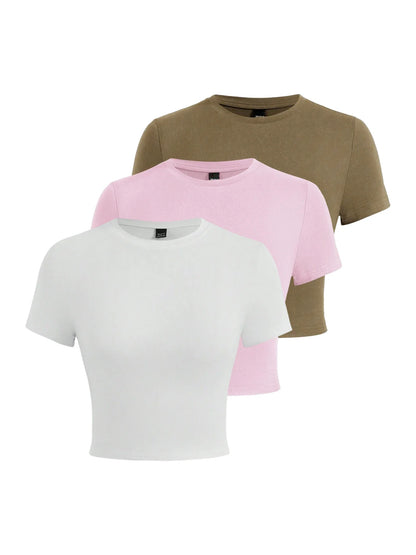 Y2K Women’s Solid Cotton Crop Top – Short Sleeve, High-Elastic O-Neck T-Shirt for Summer Streetwear & Sporty Fashion
