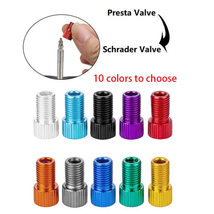 10-Color Aluminum Bicycle Valve Adapter – PRESTA to SCHRADER Converter for Bikes & Cars