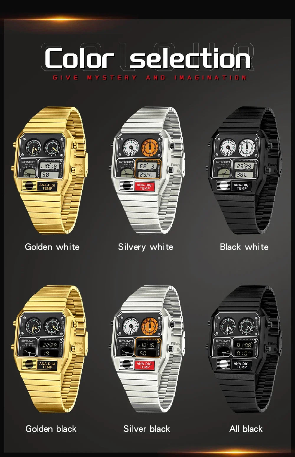 SANDA 3192 LED Electronic Men's Watch – Square Casual Multi-Function Thermometer Stopwatch Chronograph