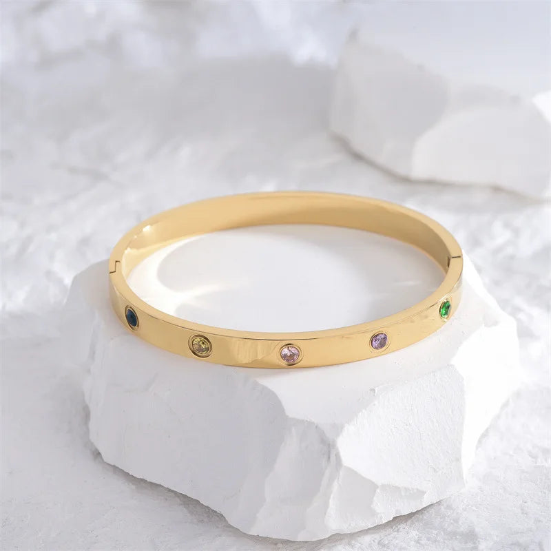 Women’s Gold Zircon Cross Nail Bracelet – Stainless Steel Screw Bangle Jewelry with CZ Stones, Fashion Wrist Accessory