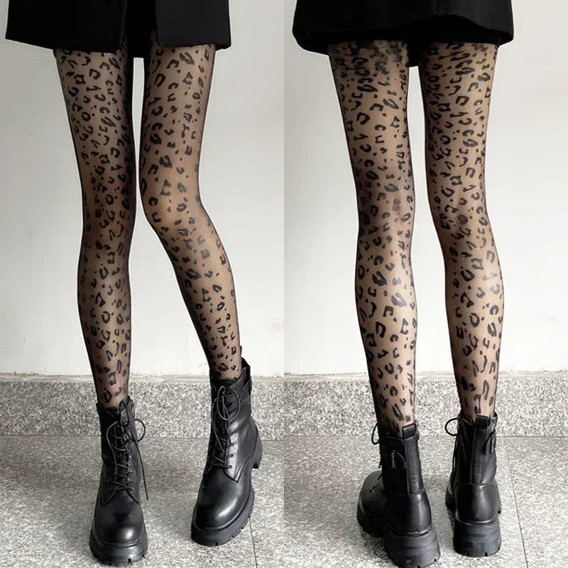 Vintage Gothic Sheer Pantyhose – Sexy Black Leopard Print Transparent Tights for Women