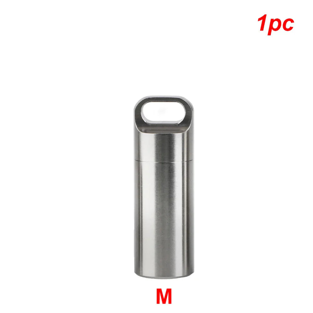 Stainless Steel Mini Pill Storage Box — S/M/L Waterproof Medicine Case with Keychain Seal Rings, Portable First Aid & Camping Pendant
