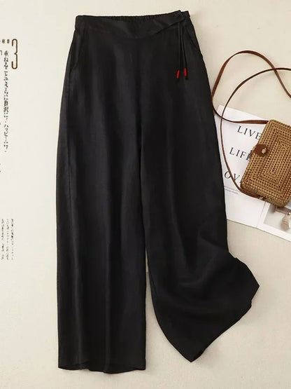 Women’s High Waist Ankle Length Pants – Loose Casual Elegant Yellow Cotton Linen Wide Leg Straight Summer Trousers