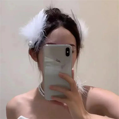 White Swan Feather Hairpin – Ballet Style Side Clip with Faux Pearl for Girls, Party & Stage Performance Accessories