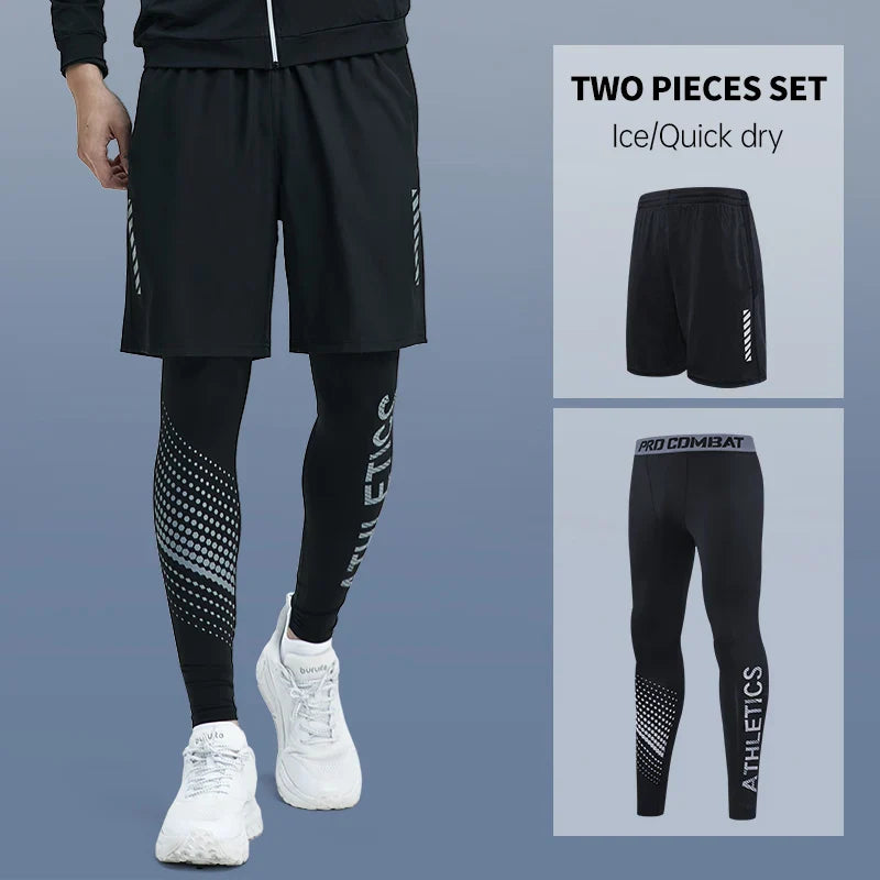 Men’s 2-Piece Sports Set — Tight Cycling & Fitness Shorts, Quick-Dry, High-Elasticity Running & Training Compression Pants