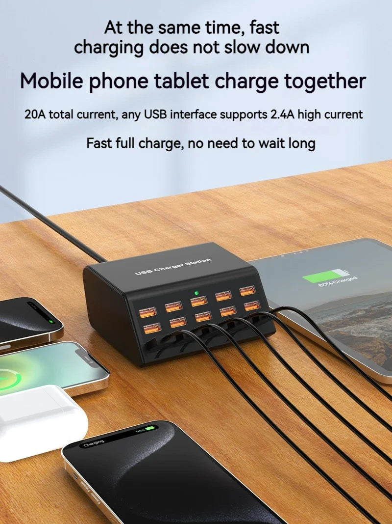 100W Desktop USB Charger — 15-Port Fast Charging Station for iPhone, iPad & Samsung Tablets