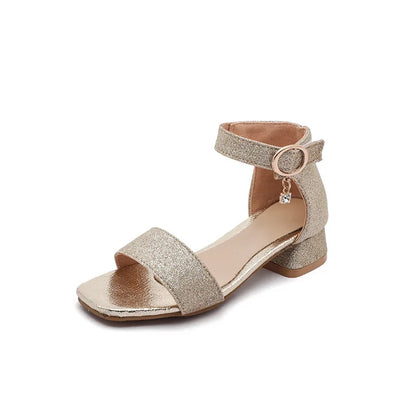 2025 Girls Princess Sandals - Silver Sequin Open-Toe High Heels for Children
