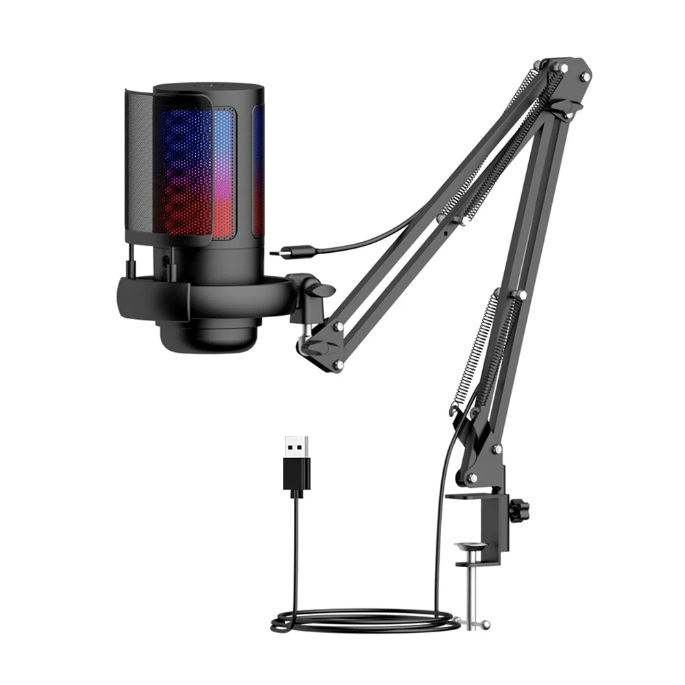USB RGB Condenser Microphone with Metal Boom Stand – Gaming & Studio Recording Desktop Mic for Esports and Calls