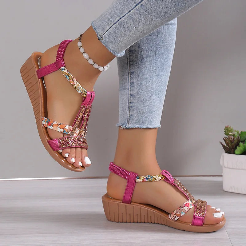 Women's Bohemian Wedge Sandals – Rhinestone Peep Toe Platform Casual Summer Beach Shoes