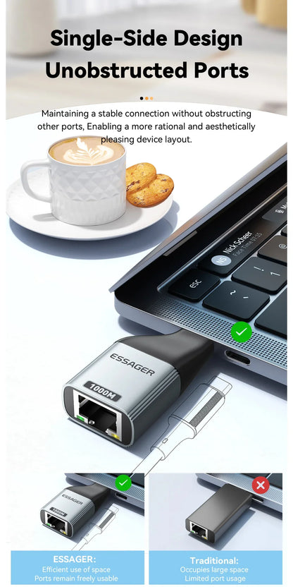Essager Type-C to Ethernet Adapter – 100/1000Mbps Gigabit RJ45 to Type-C Adapter for MacBook, Laptop Wired Network Card