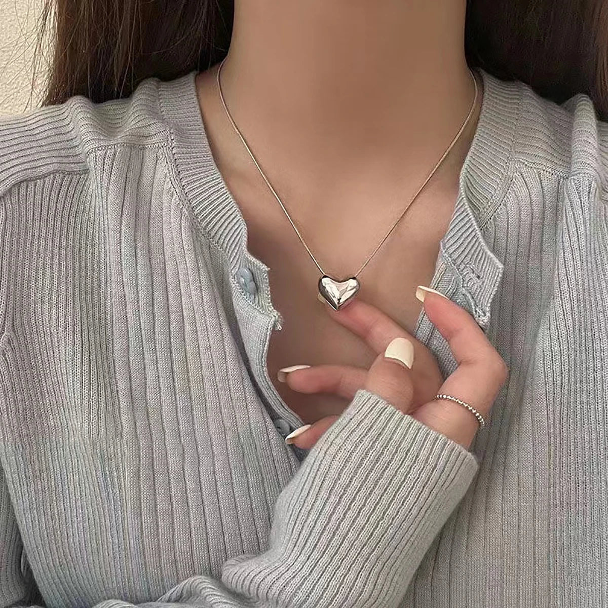 Silver Heart Pendant Necklace for Women – Trendy Korean Snake Chain Choker Jewelry