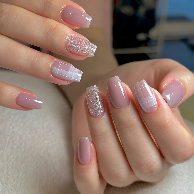 24PCS Short Square Coffin False Nails – French Glitter Acrylic Press-On Nail Tips with Glue, Wearable Fake Nails Set