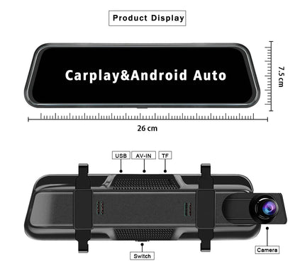 10" 4K Dash Cam Car DVR – 3840x2160P, CarPlay, Android Auto, GPS, 5G WiFi, AUX, Rearview Mirror Dash Camera, FM Recorder