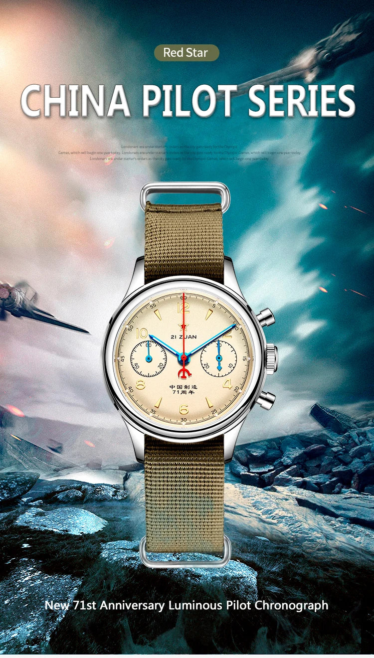 RED STAR 38mm Men's 1963 Chronograph Mechanical Watch – Pilot Air Force Aviation with Seagull ST1901 Movement & Sapphire Glass