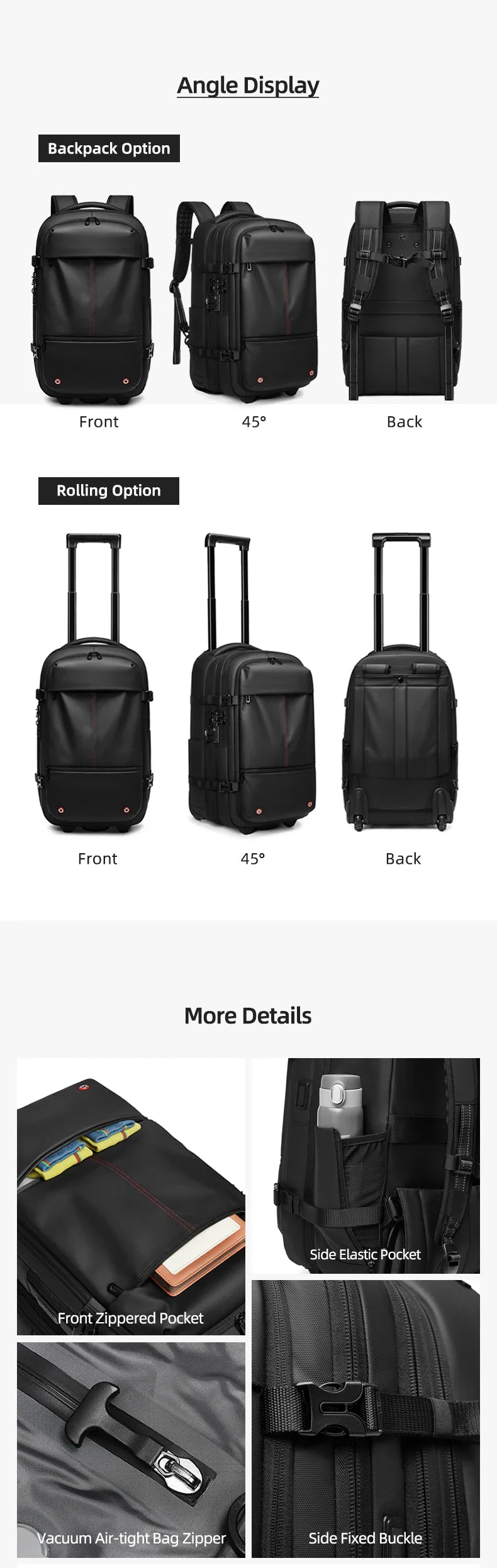 Travel Trolley Vacuum Compression Backpack — Wheeled Rolling Luggage Bag for Men, Boardable Business Travel