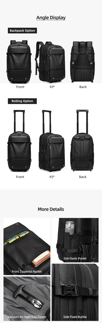 Travel Trolley Vacuum Compression Backpack — Wheeled Rolling Luggage Bag for Men, Boardable Business Travel