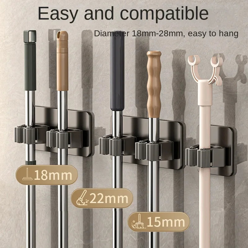 Non-Perforated Stainless Steel Mop Holder — Wall-Mounted Broom & Mop Clamp Hook for Bathroom & Door Storage