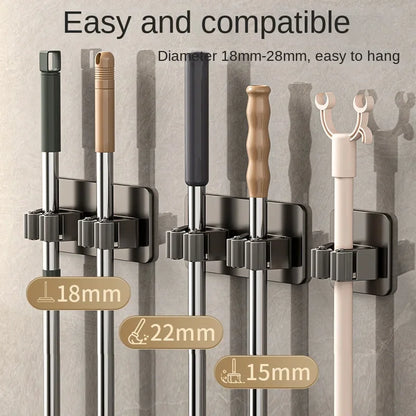 Non-Perforated Stainless Steel Mop Holder — Wall-Mounted Broom & Mop Clamp Hook for Bathroom & Door Storage