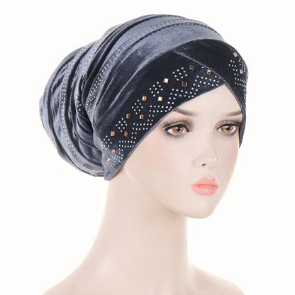 Women’s Glitter Diamond Turban Cap - Soft Velvet Pleated Head Wrap Muslim Headscarf Bonnet Beanie Cap