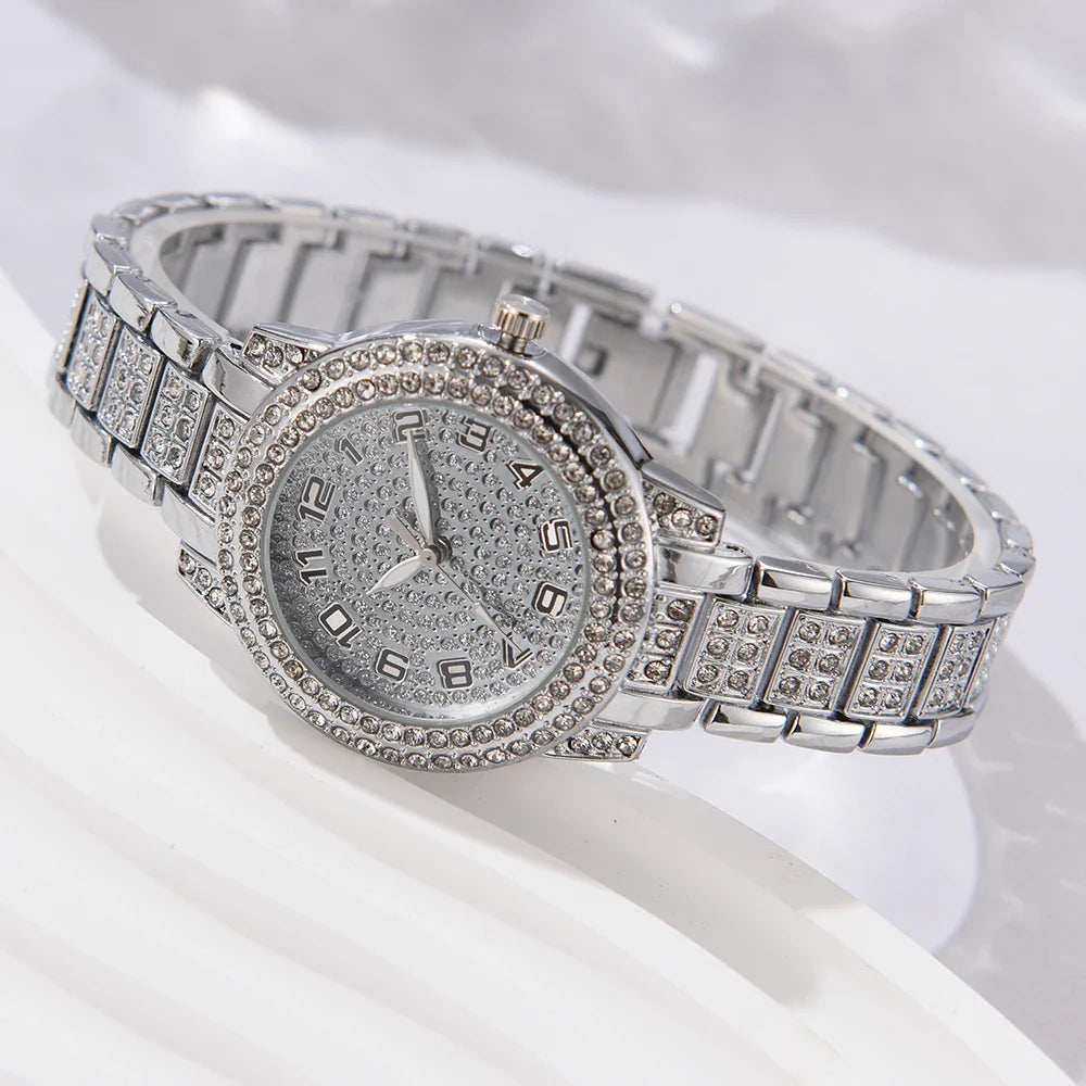 6PCS Women's Elegant Crystal Watch Set – Luxury Alloy Quartz Wristwatches with Rhinestone Bracelet, Perfect Gift for Ladies