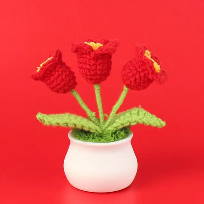 Handmade Crochet Bell Orchid in Pot – Knitted Artificial Flower with Light for Desktop & Easter 2025 Decor