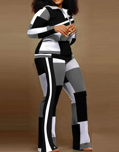 Women’s 2023 Autumn Two-Piece Set – Geometric Print Stand Collar Zip-Up Top & Casual Sporty Pants