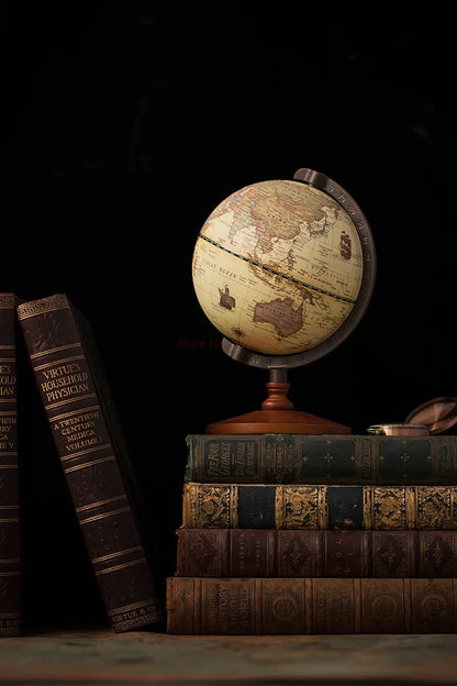 New World Globe – Retro Earth Map with Wooden Base, English Geography Education Desk Decoration