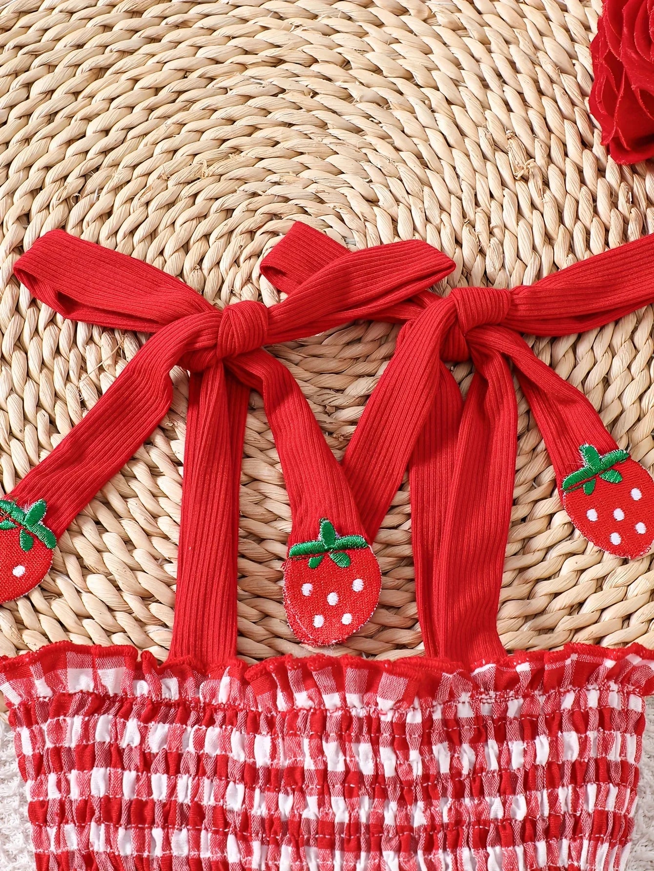 Baby Girl Strawberry Gingham Smocked Romper Dress – Tie-Strap Summer One-Piece with Stretchy Bodice & Layered Skirt