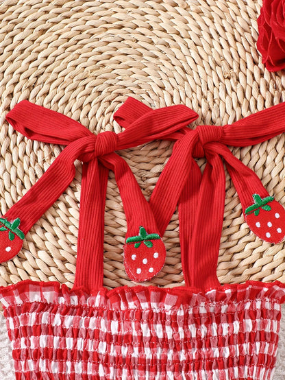 Baby Girl Strawberry Gingham Smocked Romper Dress – Tie-Strap Summer One-Piece with Stretchy Bodice & Layered Skirt