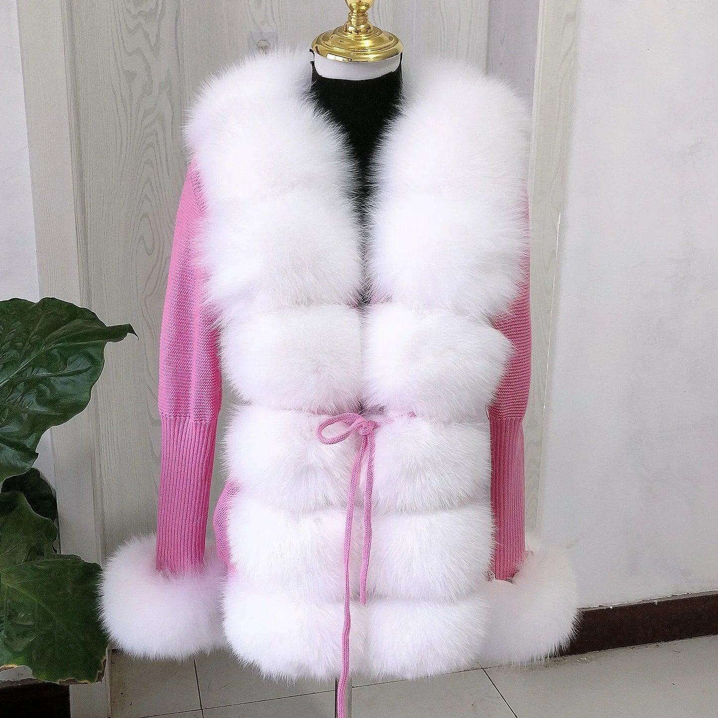 Women’s Spring & Autumn Sweater Cardigan – Real Fox Fur Collar Jacket, Natural Fur Outerwear