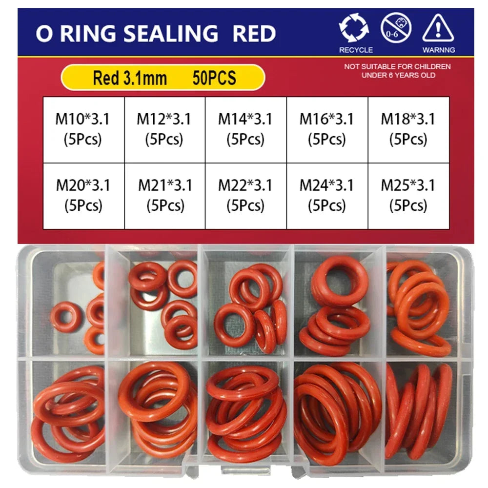 Silicone O-Ring Sealing Washer Kit – Red VMQ High Temp Oil Resistant Plumbing Gasket Assortment (CS 1–3.1 Sizes)