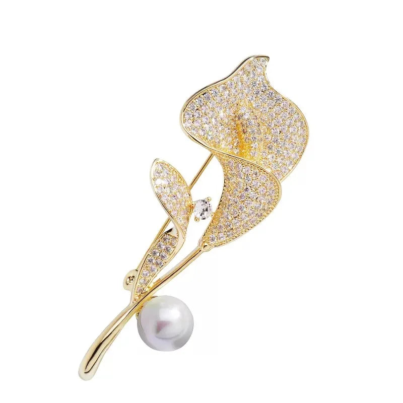 Luxury Tulip Flower Brooch Pin with White Stone – Elegant Rose Floral Jewelry for Women (2023 Design)