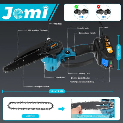 Jemi Tool 6" Mini Chainsaw – 21V Battery Powered Portable Electric Saw with Automatic Oiler for Easy Pruning