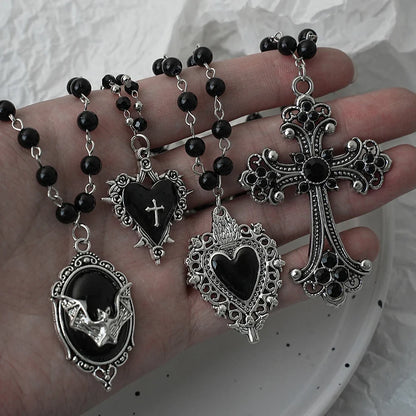 Gothic Bat Cross Necklace Set - Y2K Thorn Love Black Beaded Layered Jewelry for Halloween Parties