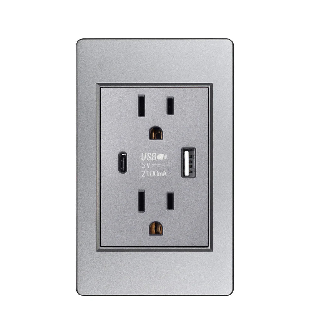 US Plug with USB Type-C Charging Port – 5V 2.1A, Household Electrical Wall Outlet for America & Mexico, 118x72mm PC Panel