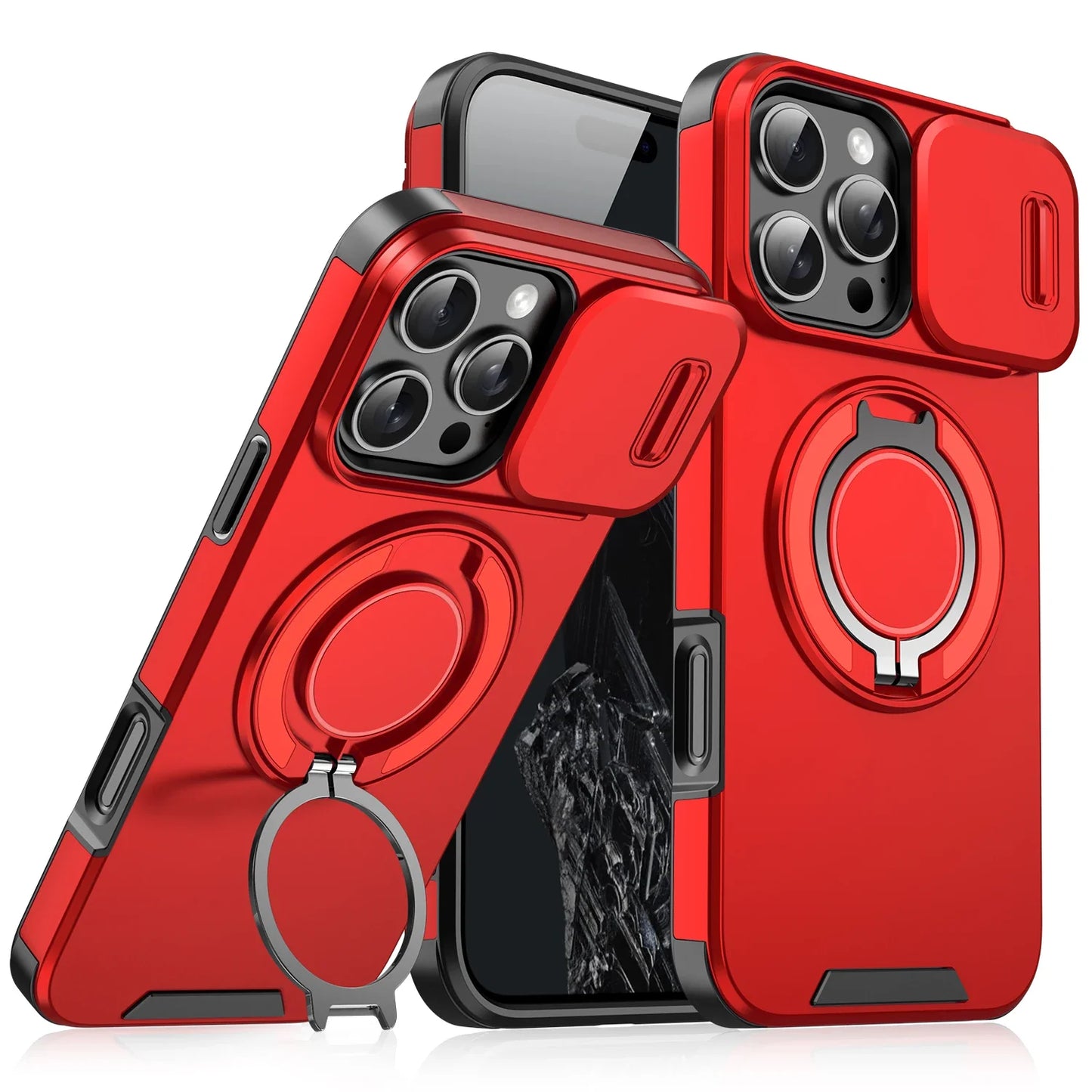 Heavy Duty Rugged Magnetic Ring Stand Case for iPhone 11–16 Pro Max Plus with Slide Camera Protection & MagSafe Compatible Cover