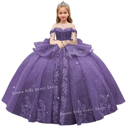 Lace Flower Girl Dress - 3D Floral Appliqué, Beading & Long Bow Ball Gown