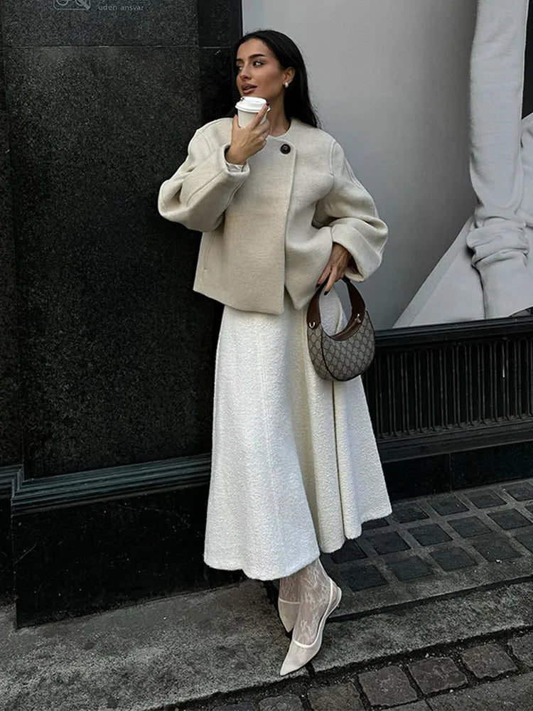 2024 Women's Elegant Solid Wool Blend Cardigan Coat – Round Neck, Single Button, Long Sleeve High Street Outwear