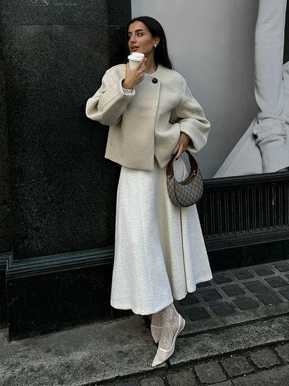 2024 Women's Elegant Solid Wool Blend Cardigan Coat – Round Neck, Single Button, Long Sleeve High Street Outwear