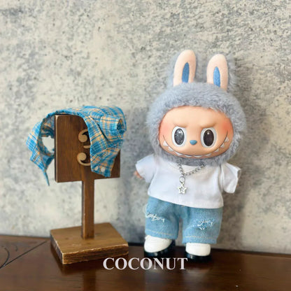 Labubu 17cm Doll Summer Outfit – Cool Shirt & Ripped Jeans Set | Trendy Casual Vinyl Doll Clothes