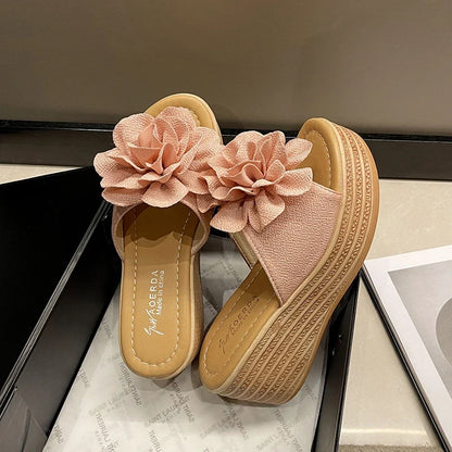 Women's Flower Wedge Sandals - Slip-On High-Heel Platform Summer Shoes