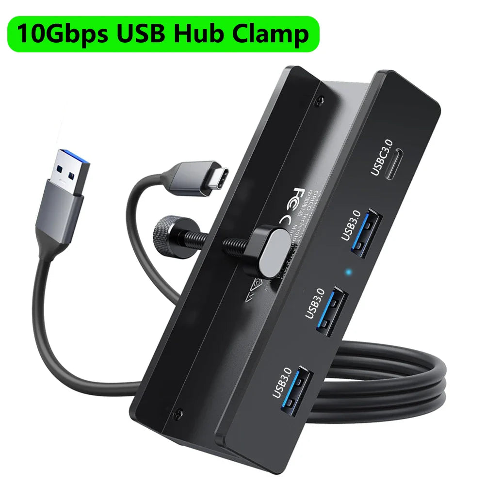 Aluminum 4-Port USB 3.0 Hub — High-Speed Clip Hub with Power Supply, 5–10Gbps Data Transfer, USB 3.2 for Mac & PC