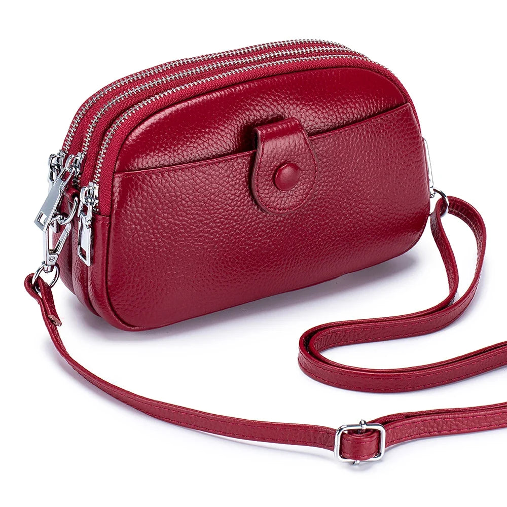 Real Leather Women’s Shoulder Bag - Mini Crossbody Purse with Three Zipper Pockets