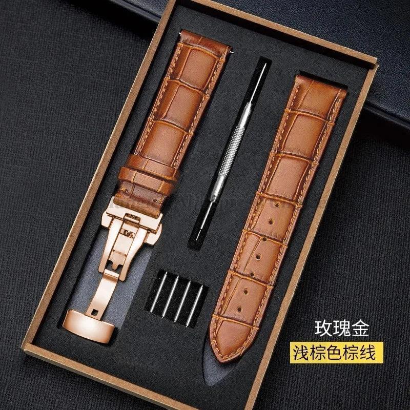 Universal Genuine Leather Watch Band 12–24mm with Butterfly Clasp – Premium Strap for Men & Women (Gift Box Included)