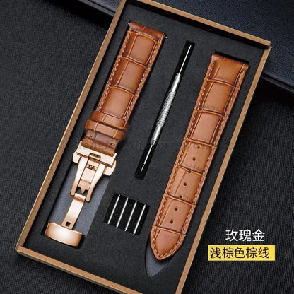 Universal Genuine Leather Watch Band 12–24mm with Butterfly Clasp – Premium Strap for Men & Women (Gift Box Included)