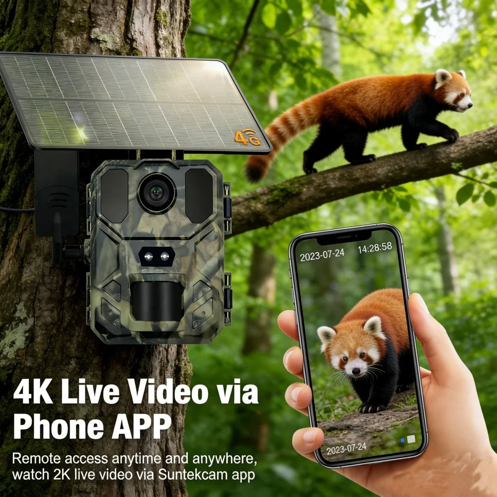 4G Solar Wildlife Trail Camera - 30MP 2K Night Vision Motion Detection Camera with Phone App