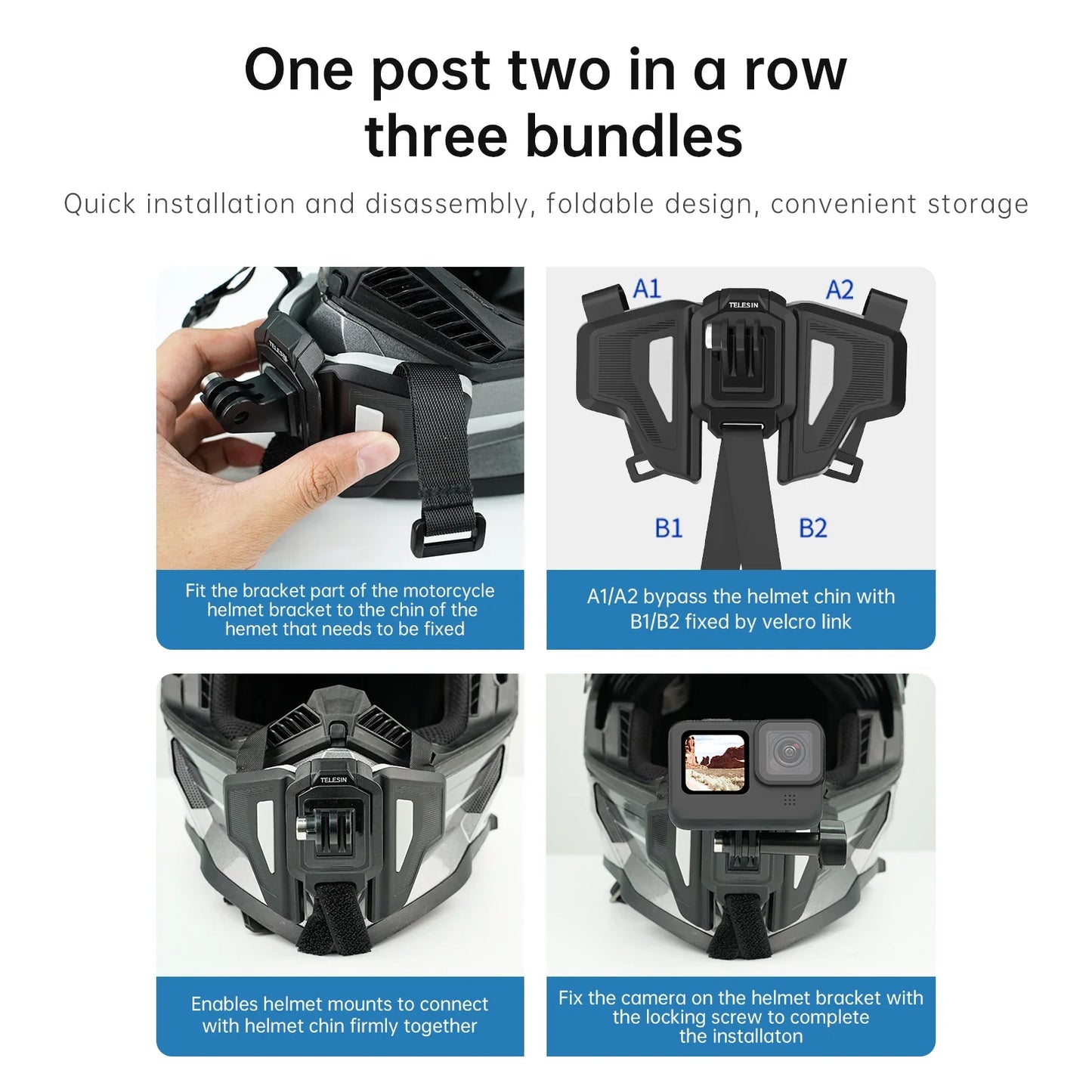 TELESIN Motorcycle Helmet Chin Mount Strap – Foldable Front Mount for GoPro 13/12/11/10/9, DJI Osmo Action & Insta360 Accessories