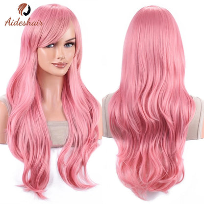 Aideshair 28" Long Wavy Curly Synthetic Wig – Heat Resistant Cosplay Wig for Women with Free Wig Cap