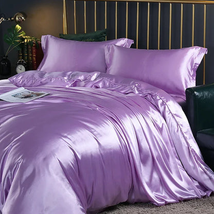 Silk Bedding Set With Duvet Cover - Luxury Satin Bed Sheet Pillowcase Set Solid Color King Queen Twin Size