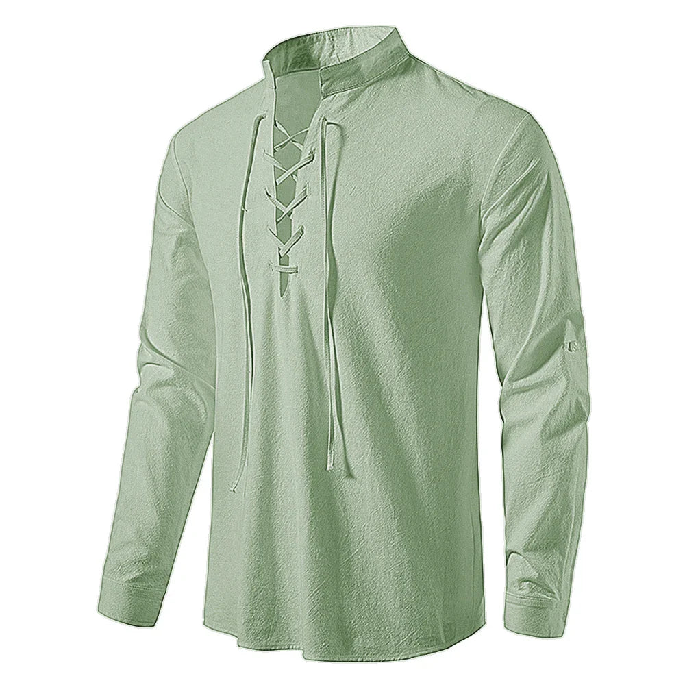 New Men's Casual Cotton Linen Shirt: Long Sleeve Tee with Slanted Placket - Spring Autumn Vintage Yoga Tops